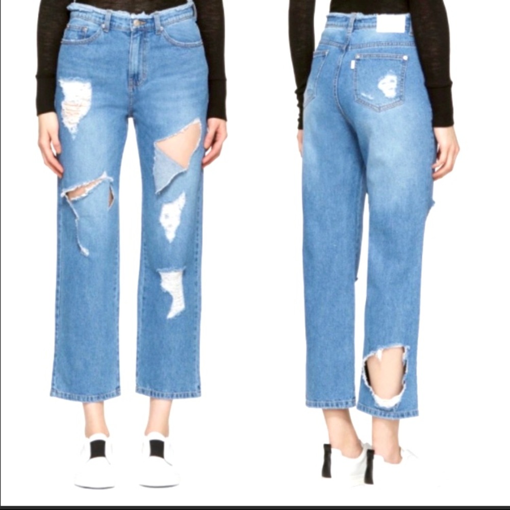 SJYP distressed straight leg high rise jeans